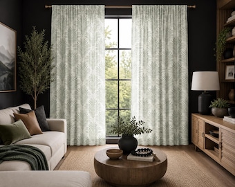 Curtain Panels Light Green Palms Curtains Pair 25" Wide or 50" Wide by 63",84",90" 94",96",108"