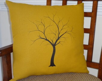 Decorative Tree Print Throw Pillow Cover on Gold Linen Black Tree on Gold 18x18