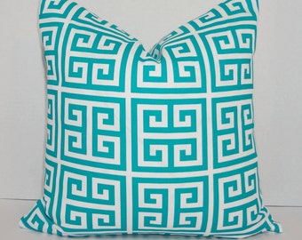 OUTDOOR Pillow Geometric Towers Teal & White Deck Patio Pillow Cover Teal Greek Key 18x18