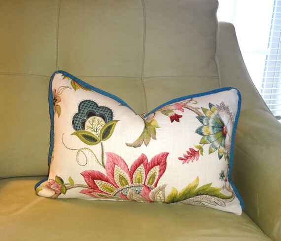 Brissac Teal Floral Print Lumbar Pillow Cover With Piping Teal