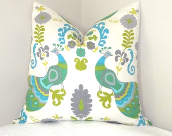 Peacock Pillow Cover Green Blue White Bird Peacock Decorative Pillow Cover Size 24x24