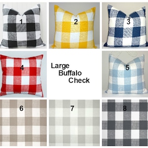 May include: Eight different large buffalo check pillow covers in various colours, including black and white, yellow and white, blue and white, red and white, light blue and white, grey and white, beige and white, and grey and white. The pillow covers are arranged in a grid pattern with the numbers 1 through 8 in the top corner of each pillow cover.