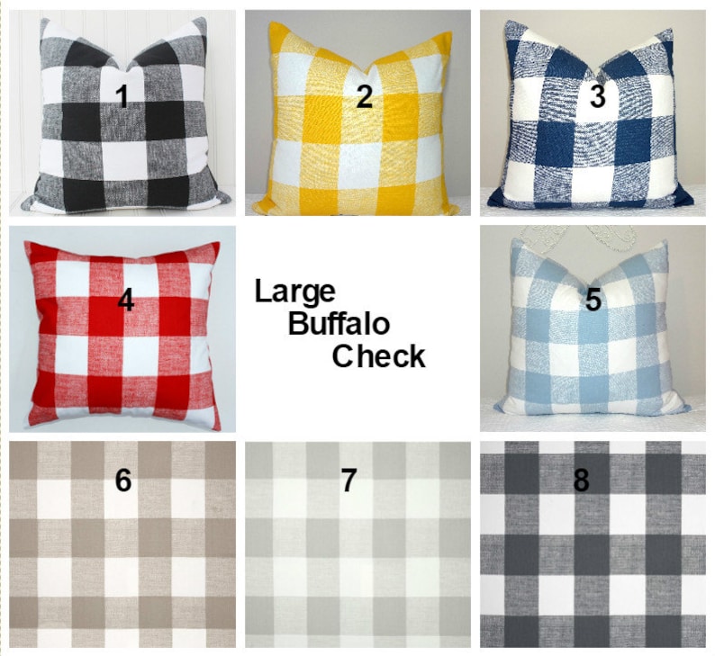 May include: Eight different large buffalo check pillow covers in various colours, including black and white, yellow and white, blue and white, red and white, light blue and white, grey and white, beige and white, and grey and white. The pillow covers are arranged in a grid pattern with the numbers 1 through 8 in the top corner of each pillow cover.