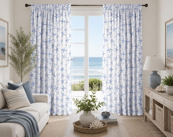 Curtain Panels Navy Starfish Ocean Beach Theme Curtains Pair 25" Wide or 50" Wide by 63",84",90" 94",96",108"
