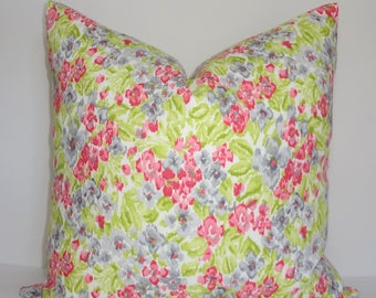 Dena Design Pink Green Grey White Flowers Floral Linen Pillow Cover Decorative Home Decor Size 18x18