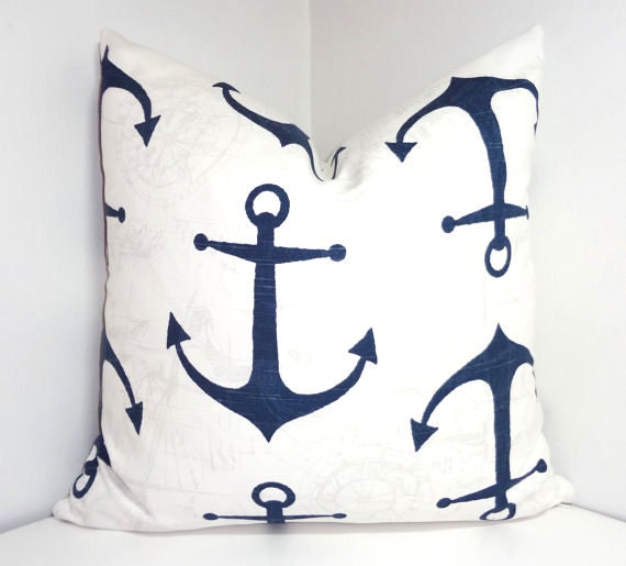 Navy Blue White Anchor Pillow Cover Navy Blue Anchor Pillow Etsy