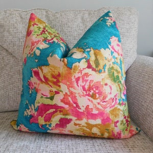 AS SEEN on The BACHELOR Turquoise Teal Blue Pink Peach Green Citrine Floral Pillow Cover Decorative Home Decor Size 18x18 20x20 22x22