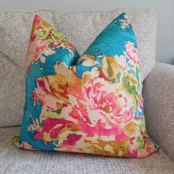 AS SEEN on The BACHELOR Turquoise Teal Blue Pink Peach Green Citrine Floral Pillow Cover Decorative Home Decor Size 18x18 20x20 22x22