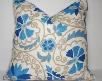 Decorative Blue & Tan Floral Pillow Cover Throw Pillow Royal Blue Tan Pillow Cover Size 18x18