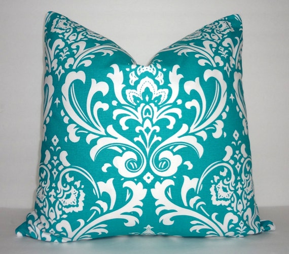 Items similar to Decorative Pillow Cover Turquoise Damask Print Pillow