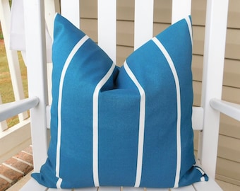 NEW OUTDOOR Plantation Blue White Stripe Farmhouse Style Patio Pillow Cover Size 18x18