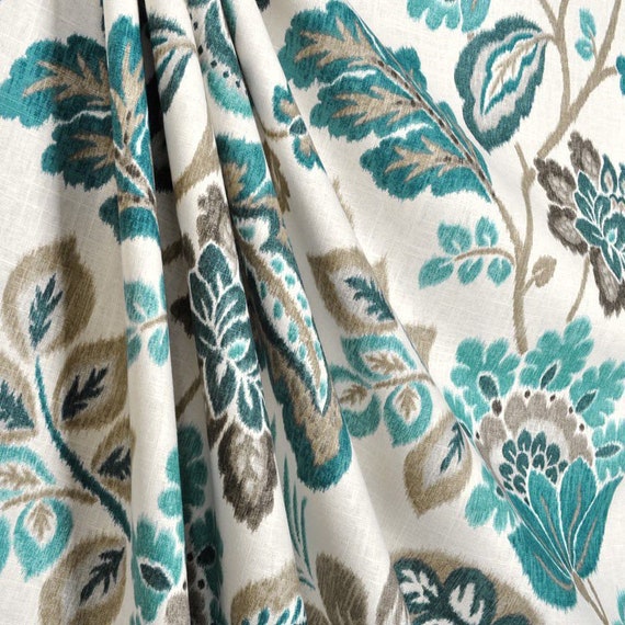 Teal Ecru Floral Curtains Window Treatments Curtain Panels Etsy