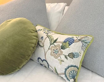 Brissac Blue Floral Print Lumbar Pillow Cover with Blue Piping Green Piping Decorative Flower Lumbar Pillow Covers Choose Size