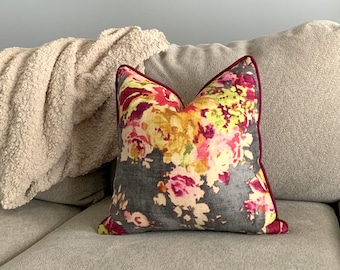 Charcoal Grey Peach Pink Rose Orchid Piped Floral Pillow Cover Decorative Home Decor Size 18x18 20x20 22x22 with piping