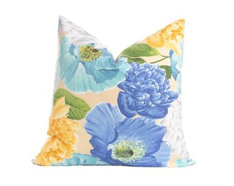 Blue Aqua Gold Yellow White Floral Pillow Cover Decorative Throw Pillow Cover Size 18x18