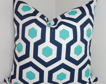 OUTDOOR Pillow Cover Magna Geometric Aqua Blue/Navy Deck Patio Pillow Cover 18X18