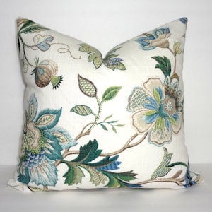 P. Kaufmann Brissac Floral Print Linen Navy Sapphire Navy Blue Green Decorative Flower Pillow Covers Choose Size