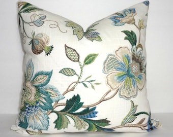 P. Kaufmann Brissac Floral Print Linen Navy Sapphire Navy Blue Green Decorative Flower Pillow Covers Choose Size