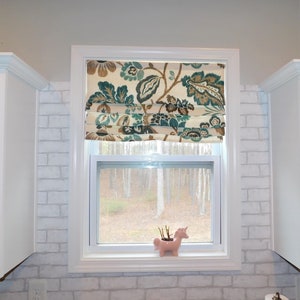 Faux Roman Shade Curtain Valance Topper Window Treatment Braemore Kazoo Teal Taupe Brown Floral Custom Sizes