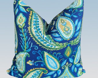 Bright Blue Green Yellow Floral Paisley Flowers Pattern Pillow Cover Design by HomeLiving Size 18x18