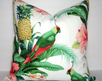 OUTDOOR Pillow Cover Parrot Bird Green Palms Pineapple Pink Floral Pillow Cover Deck Patio Pillow Cover