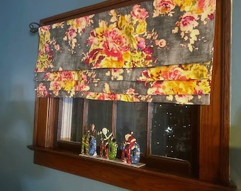 Faux Roman Shade Curtain Valance Topper Window Treatment Charcoal Fushia Floral Custom Sizes
