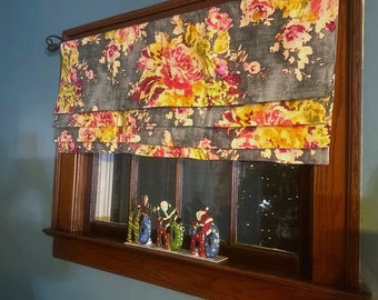 Faux Roman Shade Curtain Valance Topper Window Treatment Charcoal Fushia Floral Custom Sizes