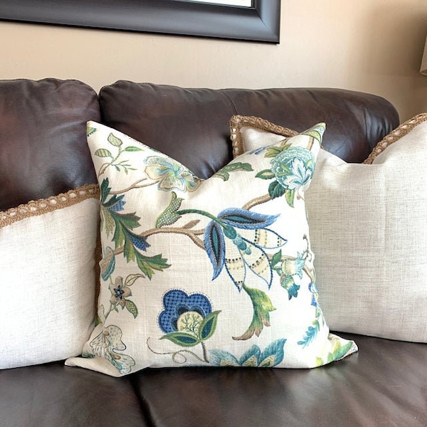 P. Kaufmann Brissac Floral Print Linen Navy Sapphire Navy Blue Green Decorative Flower Pillow Covers Choose Size