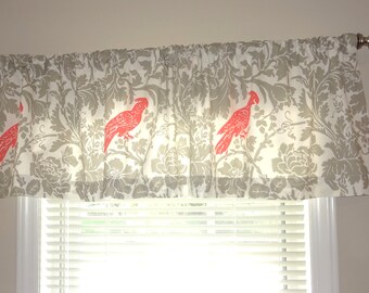 NEW Grey White Salmon Barber Bird Damask Curtain Valance 52x15 Window Treatment