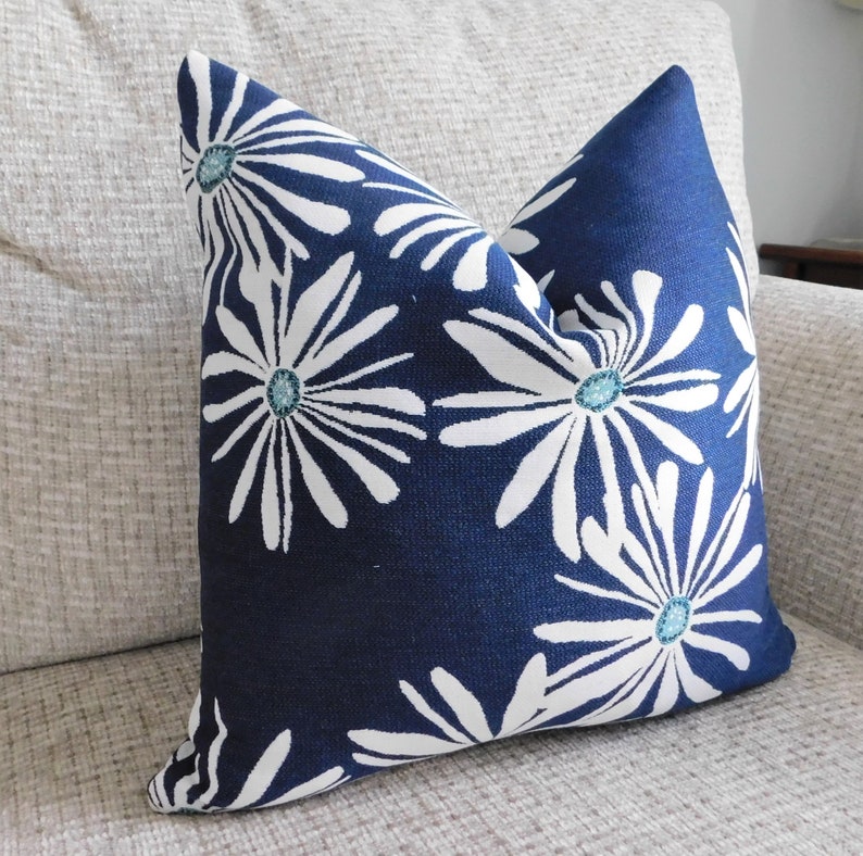 Sunbrella Navy Daisy White Floral Flowers Pillow Cover Home Etsy