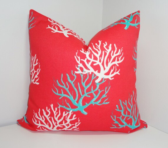 Outdoor Ocean Coral Salmon Blue White Pillow Cover Coral Throw Etsy