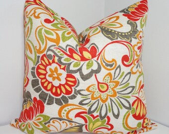 OUTDOOR Deck Patio Pillow Cover Floral Red Grey Orange Green Flower Outdoor Pillow Cover 16x16