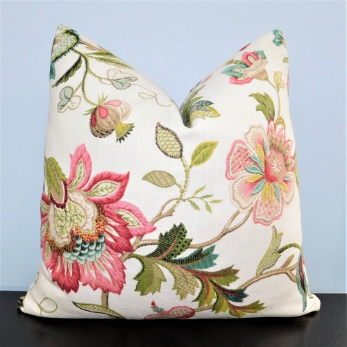 Teal Rose Floral Print Linen Pillow Cover Decorative Flower Etsy