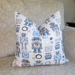 Blue Grey White Robots Kids Bedroom Playroom Pattern Pillow Cover Design by HomeLiving Size 18x18