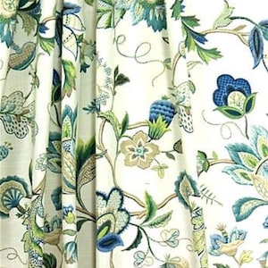 Curtain Panels Brissac Sapphire Navy Aqua Ivory Teal Floral Curtains Pair 25" Wide or 50" Wide by 63",84",90" 94",96",108"