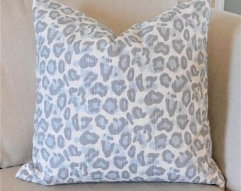 Grey and Blue Leopard Print Pillow Cover, Linen Look