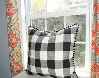 Buffalo Plaid Pillow Cover with Black Pom Poms