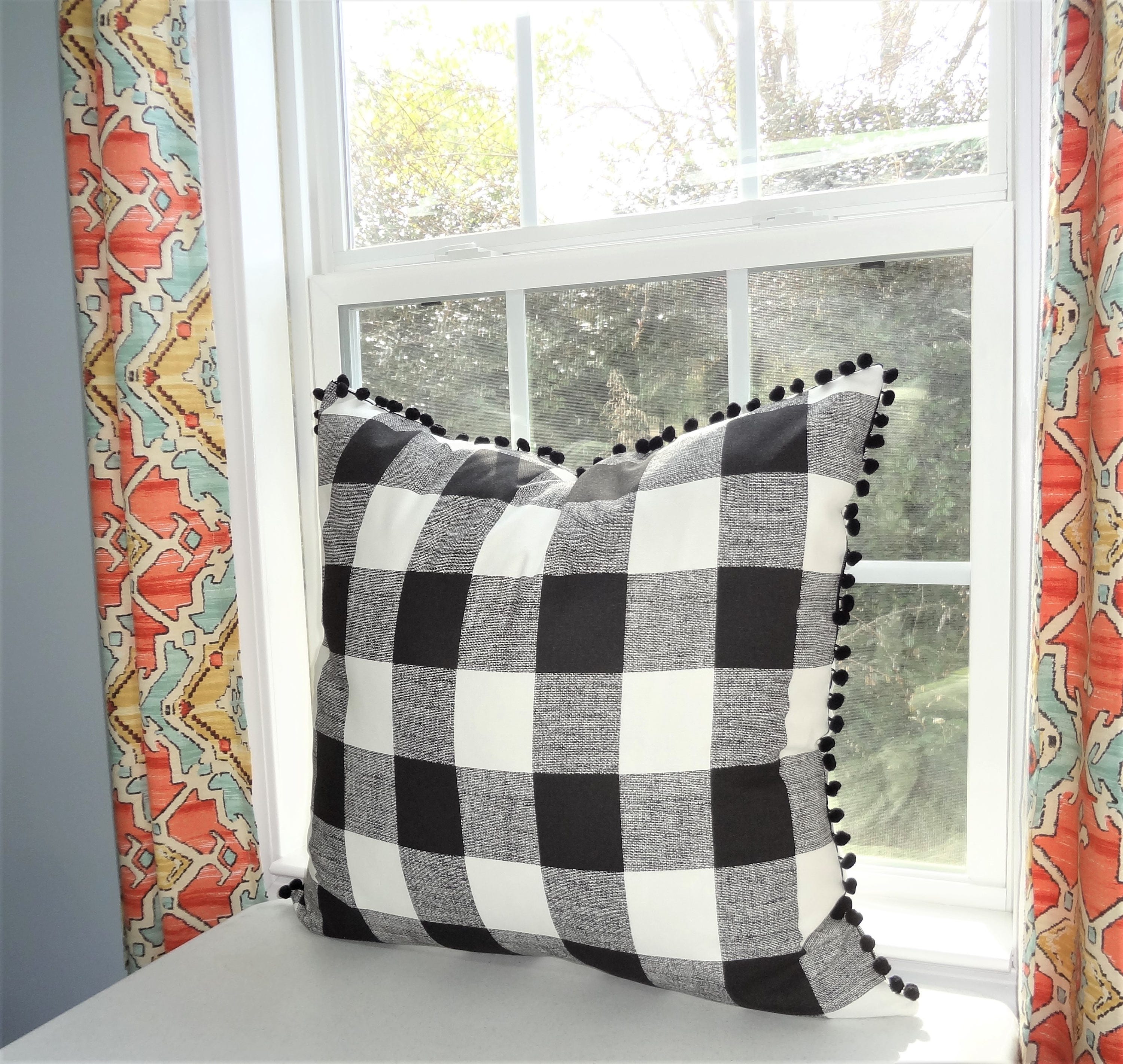Buffalo Black White Plaid Pom Pom Pillow Cover Black Large Plaid Pillow Cover Pom Pom Plaid Pillow Cover Choose Size