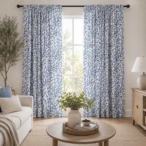 Paneles de cortina azul marino coral con temática de playa y océano. Par de cortinas de 25" de ancho o 50" de ancho por 63", 84", 90", 94", 96", 108".
