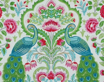 Peacock Curtain Panels, Floral Cotton Linen, Covington Winthrop Fabric