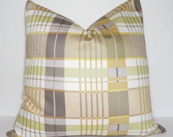 SALE !!  Gold Beige Grey Taupe Green Stripe Plaid Pillow Cover Home Decor by HomeLiving Size 18x18