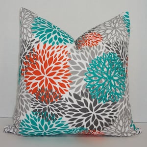 OUTDOOR Pillow Flower Burst Teal Orange Grey Deck Patio Pillow Cover Maman Choose Size