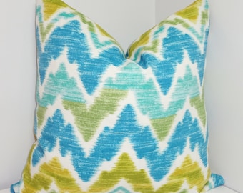 OUTDOOR Chevron Pillow Cover Blue & Lime Zig Zag Design Deck Patio Pillow Cover 18x18