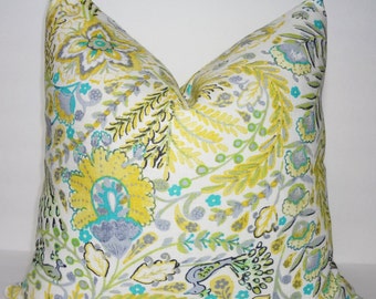 SALE Waverly Lemon Meringue Peacock Yellow Grey Floral Print Pillow Cover Decorative Throw Pillow Cover 18x18