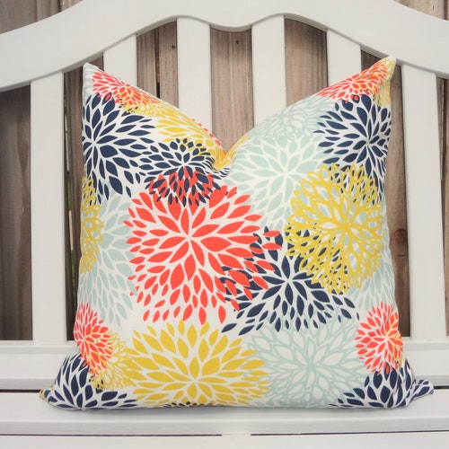 NEW OUTDOOR Orange Yellow Navy Blooms Floral Stripe Patio Pillow Cover Size Choose Size