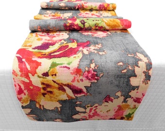 Floral Table Runner Dining Decor Beautiful Charcoal Pink Choose Size  12x72 12x60 12x90 12x108