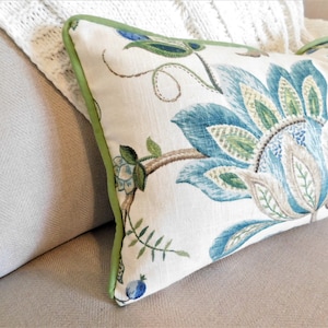 Brissac Blue Floral Print Lumbar Pillow Cover with Blue Piping Green Piping Decorative Flower Lumbar Pillow Covers Choose Size