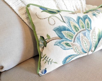 Brissac Blue Floral Print Lumbar Pillow Cover with Blue Piping Green Piping Decorative Flower Lumbar Pillow Covers Choose Size