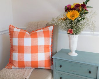 New Orange & White Plaid Pom Pom Pillow Cover Choose Size Farmhouse Fall Autumn Harvest