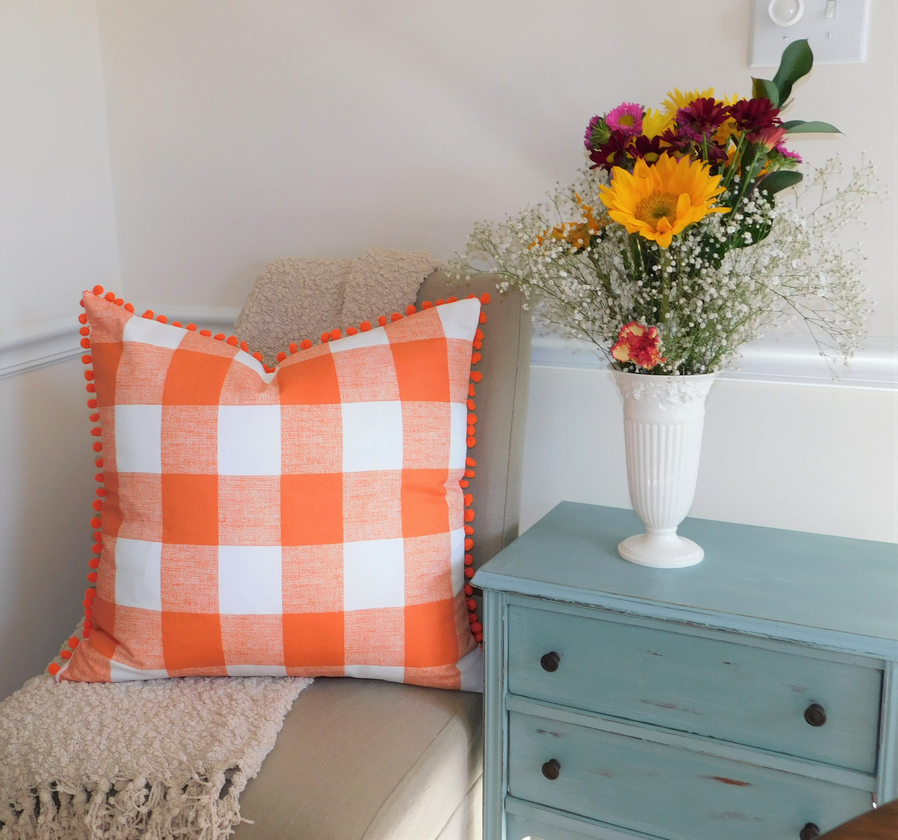 Modern Geometric Throw Pillow Covers - White & Orange Grid Pattern, 20x20 Inches, Set Of 2